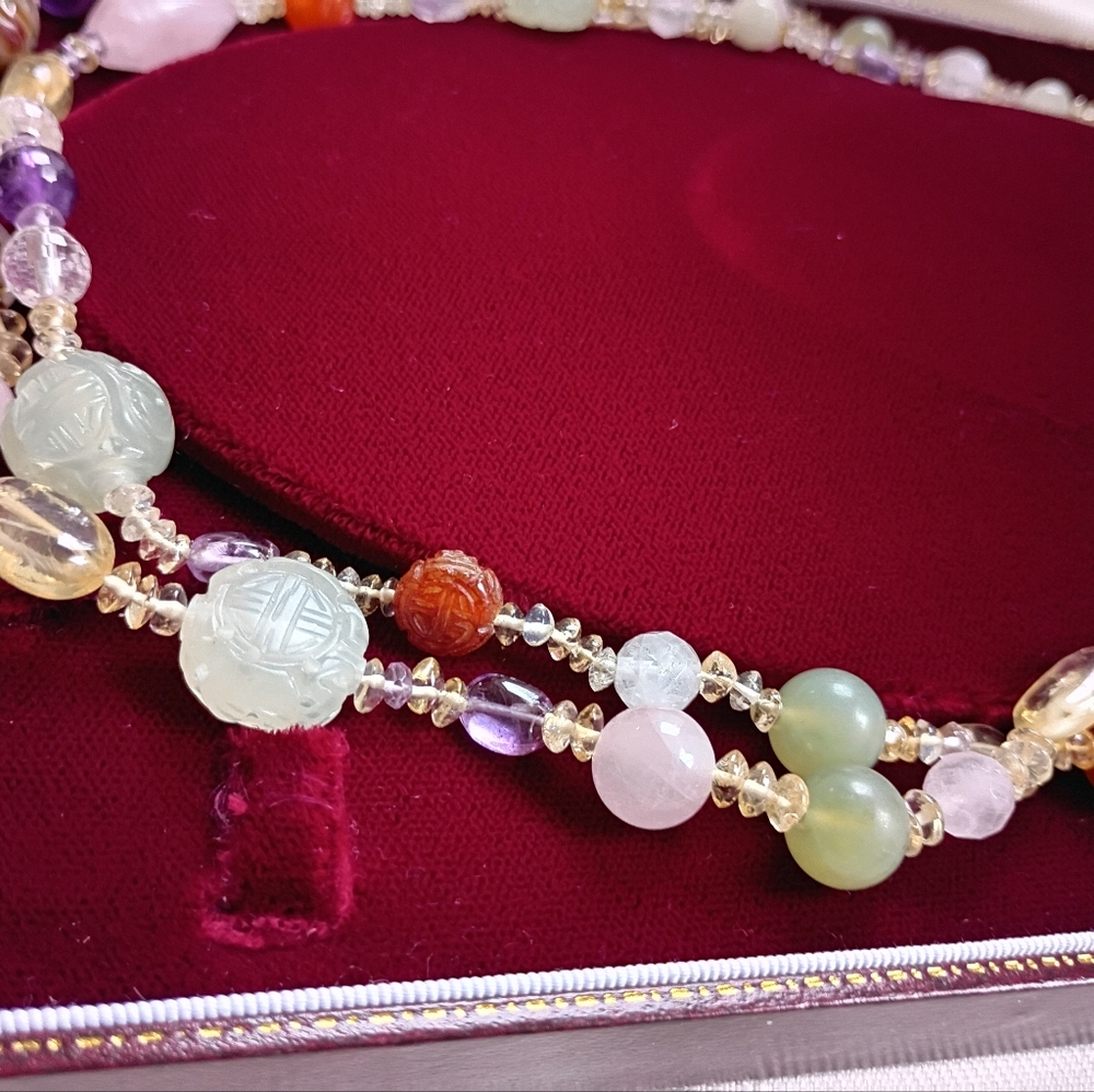 Celadon Jade Multi Gemstone Asian Vintage Necklace Spring Colors Double Strand - Picture 4 of 9